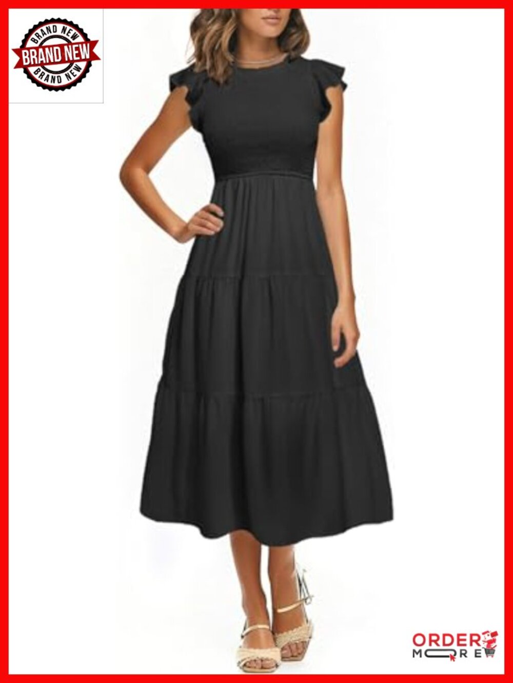 Flutter Sleeve Midi Dress - Smocked High Waist Tiered A-Line Summer Work